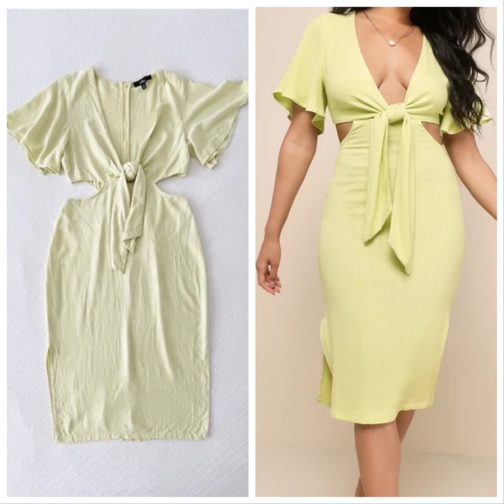 NWOT Lulus Summer Journey Light Green Tie-Front Cutout Midi Dress Small